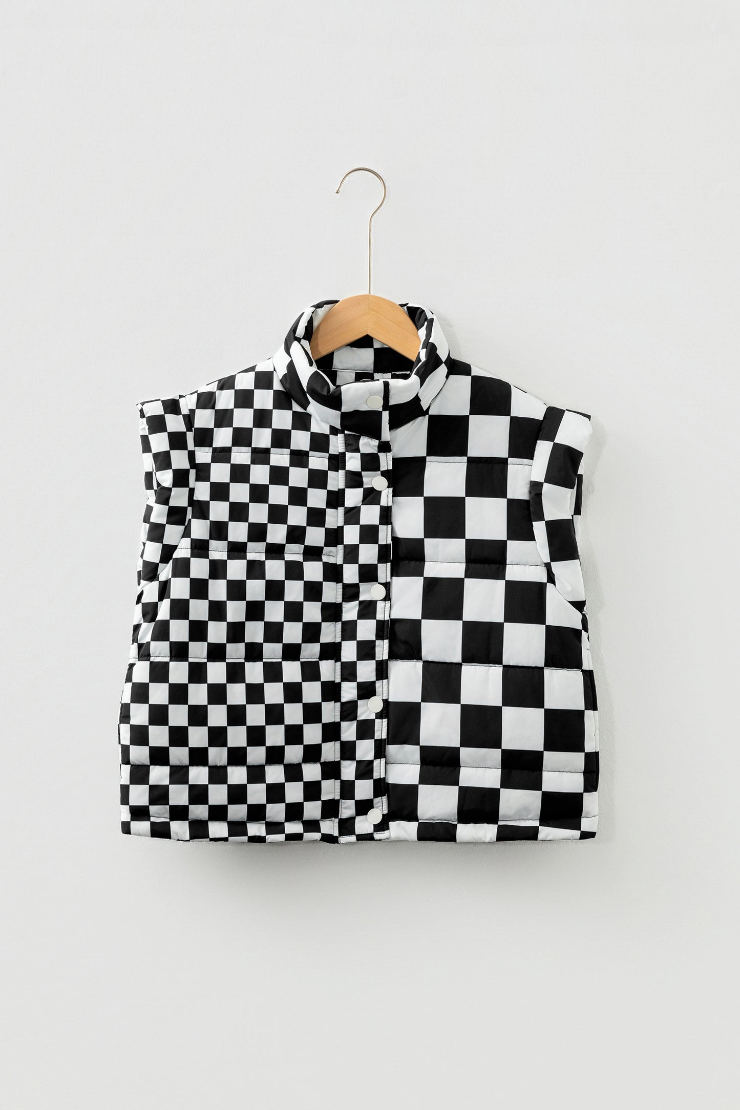 Black Double Checked Stand Collar Cropped Puffer Vest