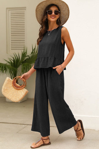 Black ruffle pants suit