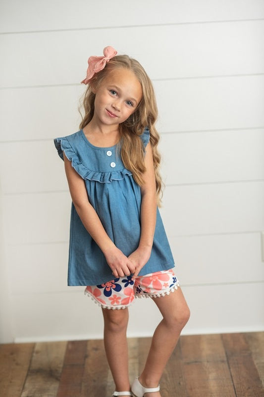 Girls coral floral jean set