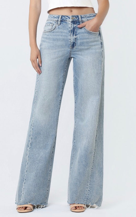 Wistful raw hem wide leg flying monkey jeans