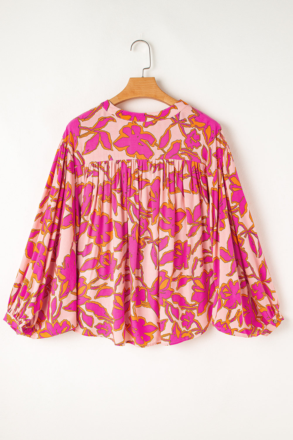 Pink Floral Print Batwing Sleeve Buttoned Loose Fit Shirt