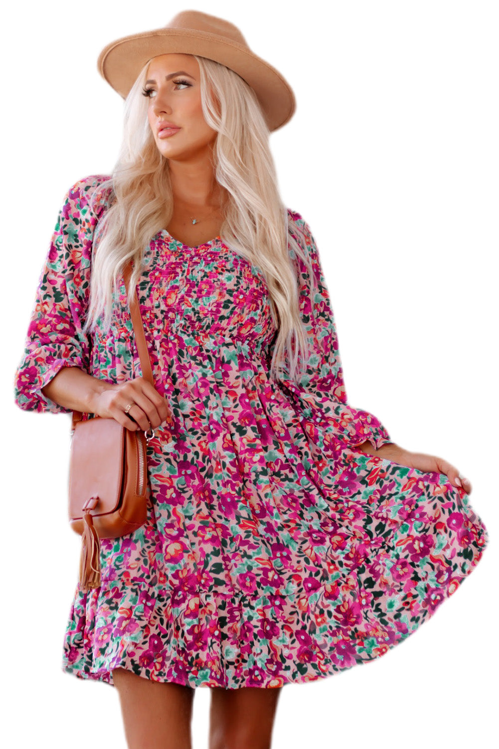 Purple Smocked V Neck Puffy Sleeve Floral Dress