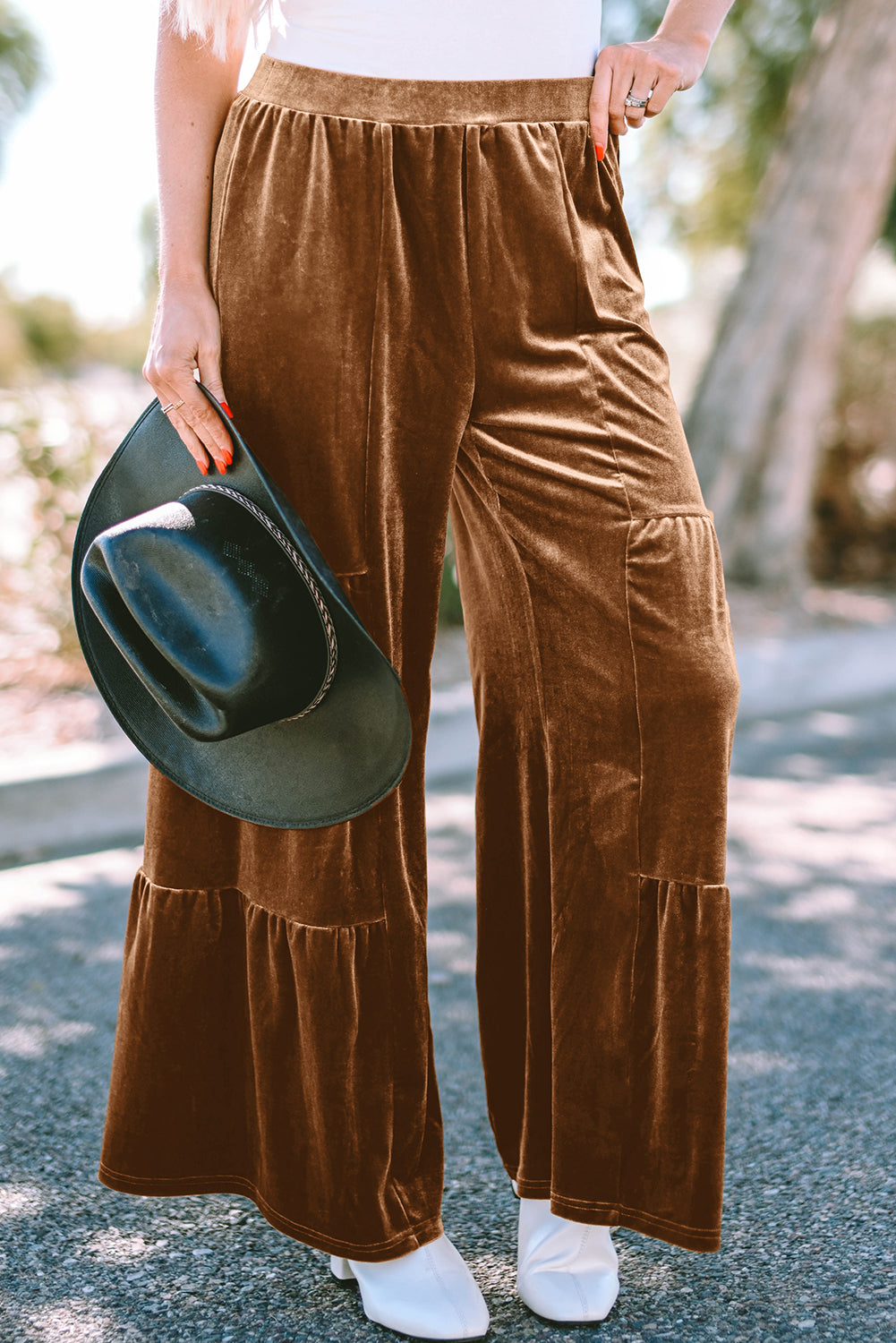 Chestnut Ruffle Hem Wide Leg Velvet Pants