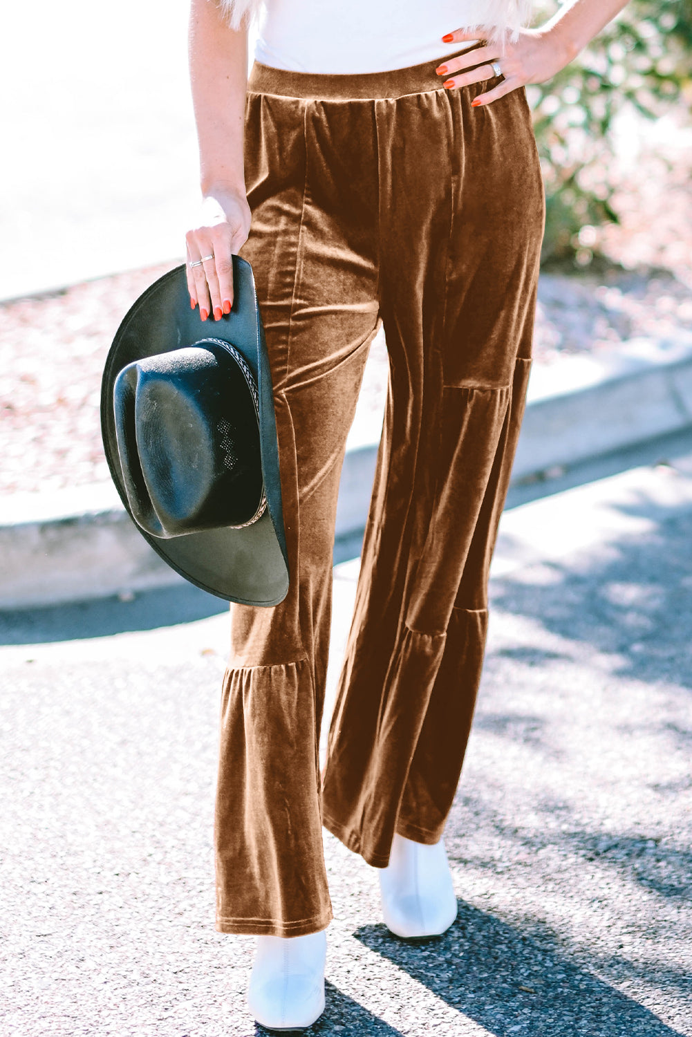 Chestnut Ruffle Hem Wide Leg Velvet Pants