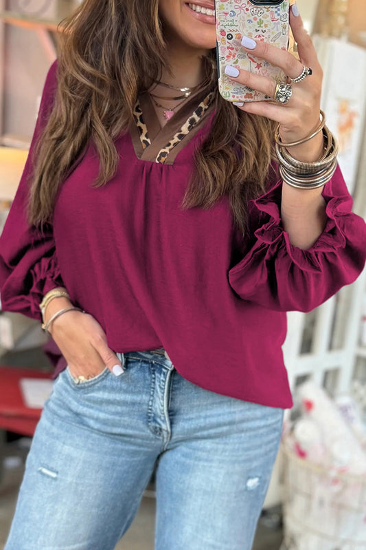 Violet Leopard Trim V Neck Flounced Bracelet Sleeve Blouse