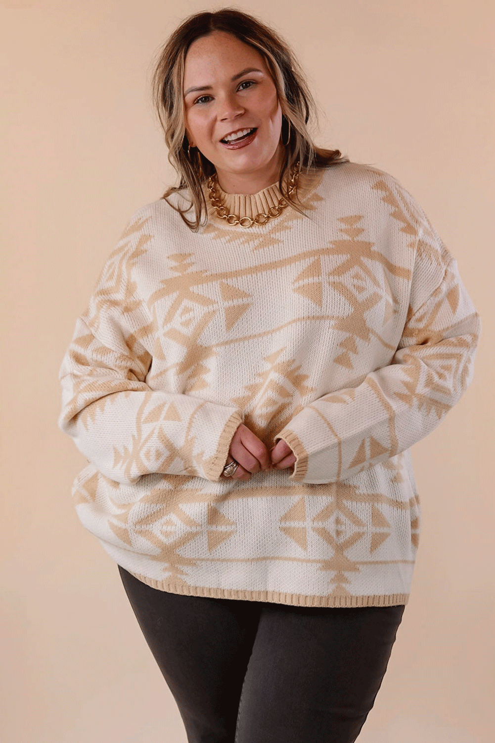 Sybaritic Boutique Apricot Plus Size Western Aztec Print Loose Sweater