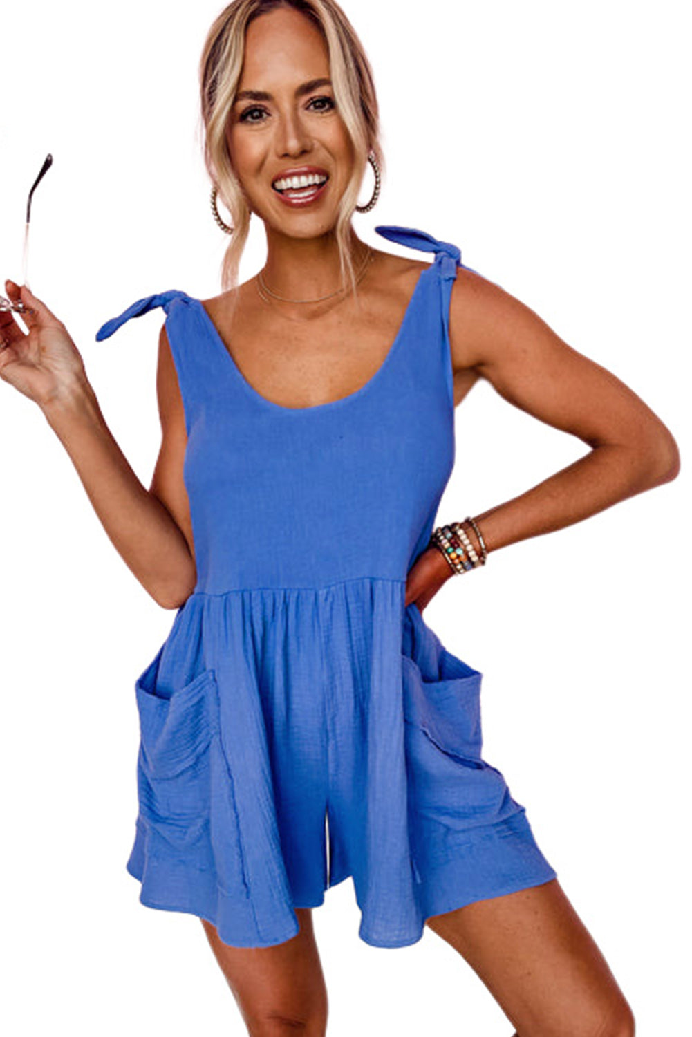 Blue Textured Knotted Straps High Waist Wide Leg Romper