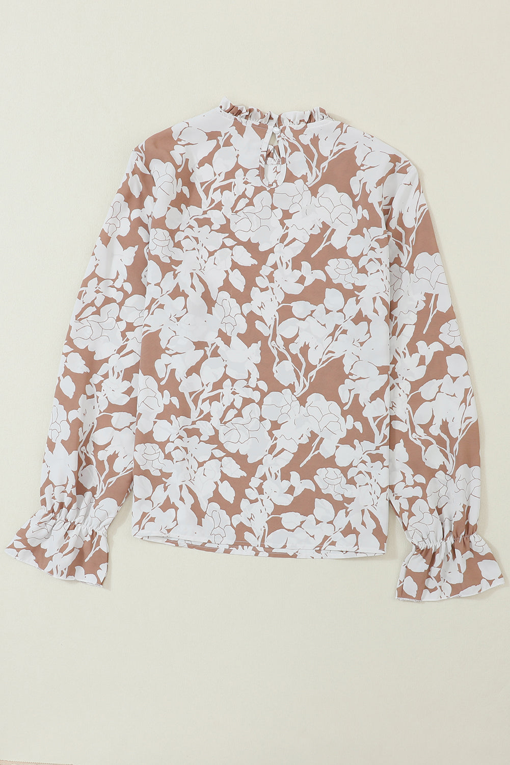 Light French Beige Floral Print Frilled Neckline Flounce Sleeve Blouse