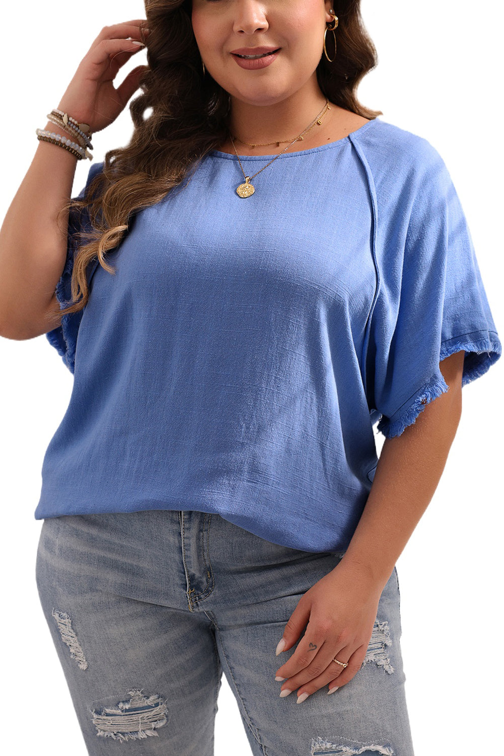 Ashleigh Blue Plus Size Solid Color Short Sleeve Frayed Edge Top