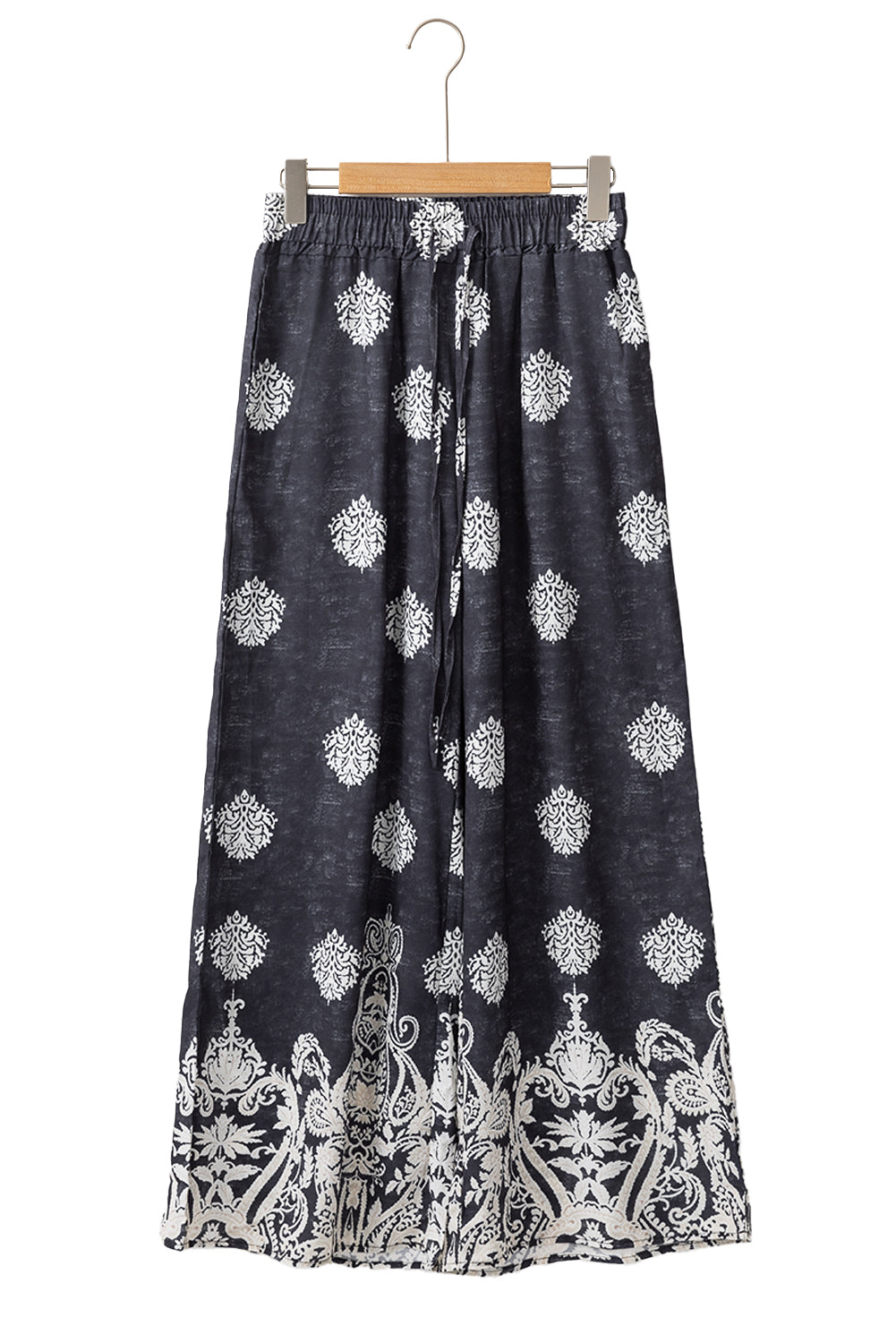 Black Bohemian Printed Drawstring Waist Wide Leg Pants